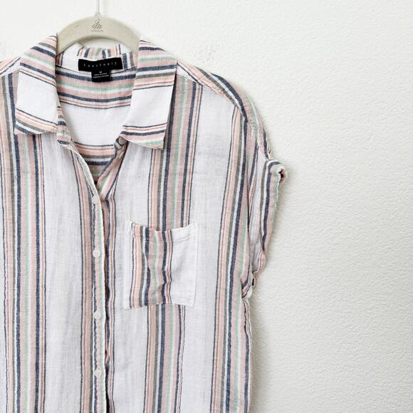 [Sanctuary] White Striped Shimmer Thread Linen Blend Boyfriend Shirt Sz Medium M - Picture 5 of 11